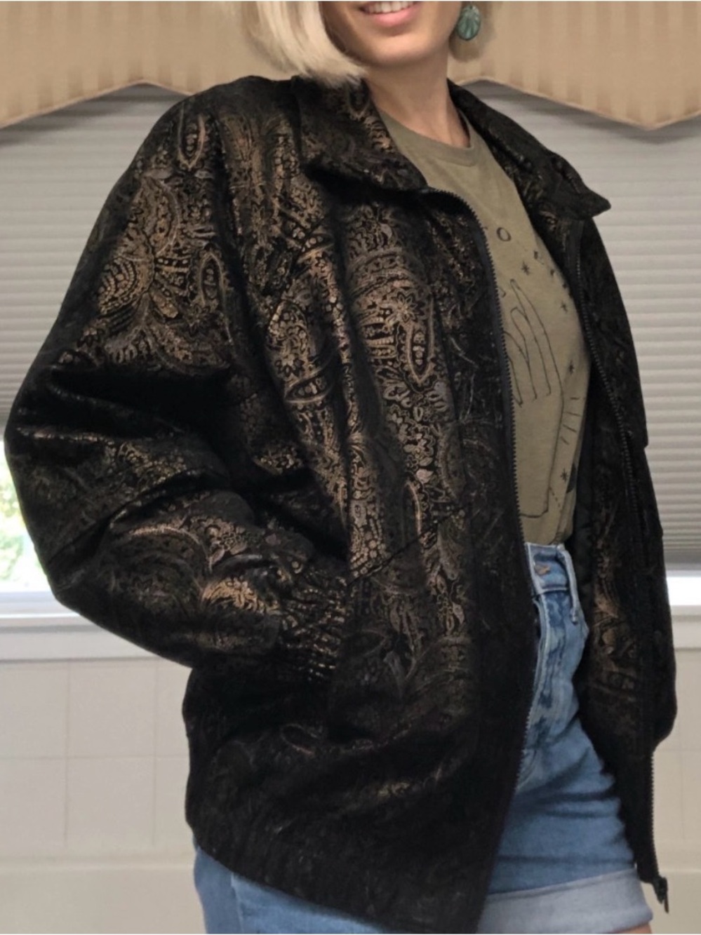 Genuine leather, vintage black and gold paisley bomber jacket w/ fox fur collar